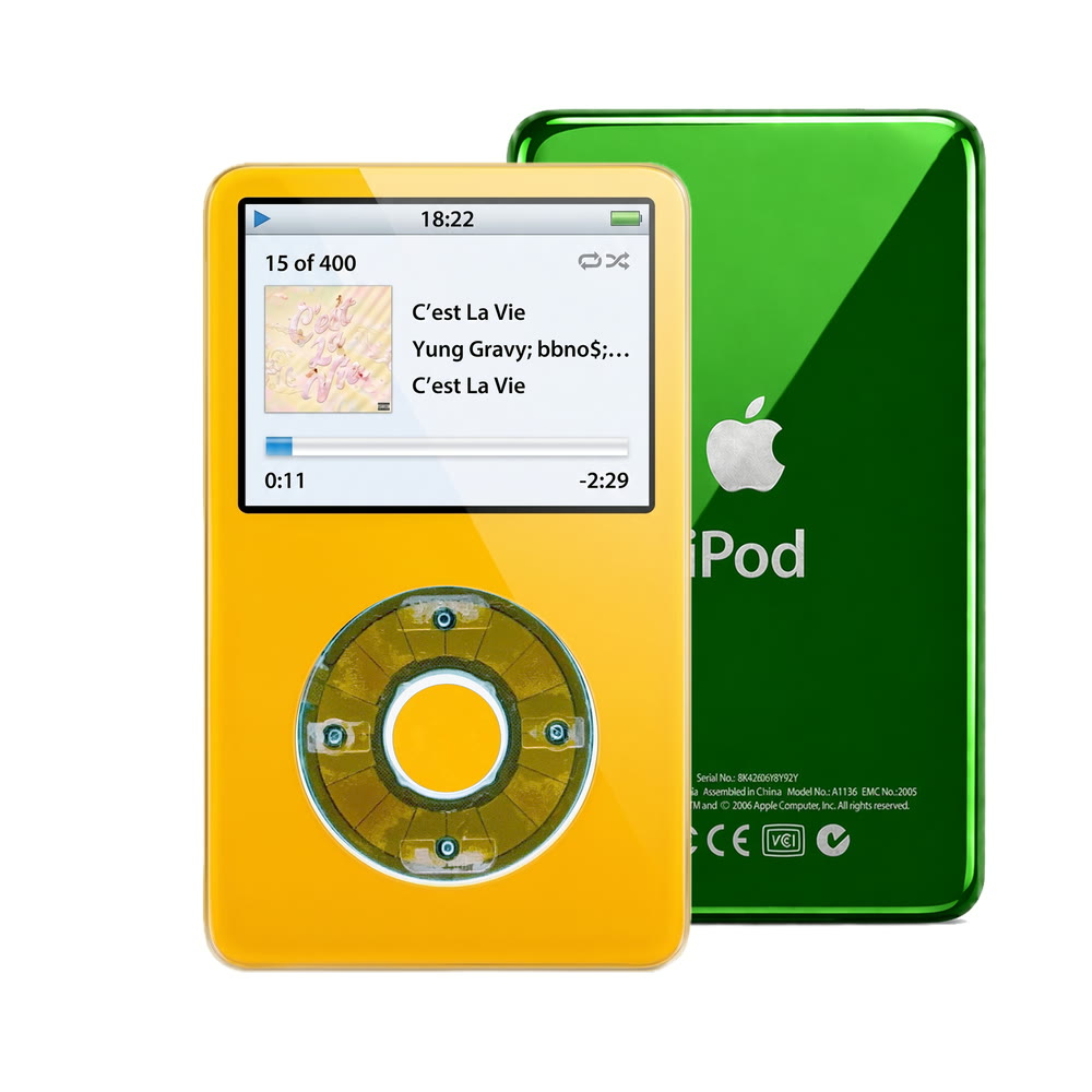 Yellow refurbished iPod Video 5.5 Gen with Clear Blue click wheel and Green back plate