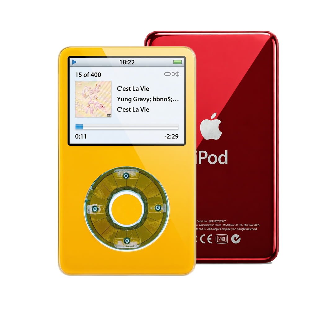 Yellow refurbished iPod Video 5.5 Gen with Clear Blue click wheel and Red back plate