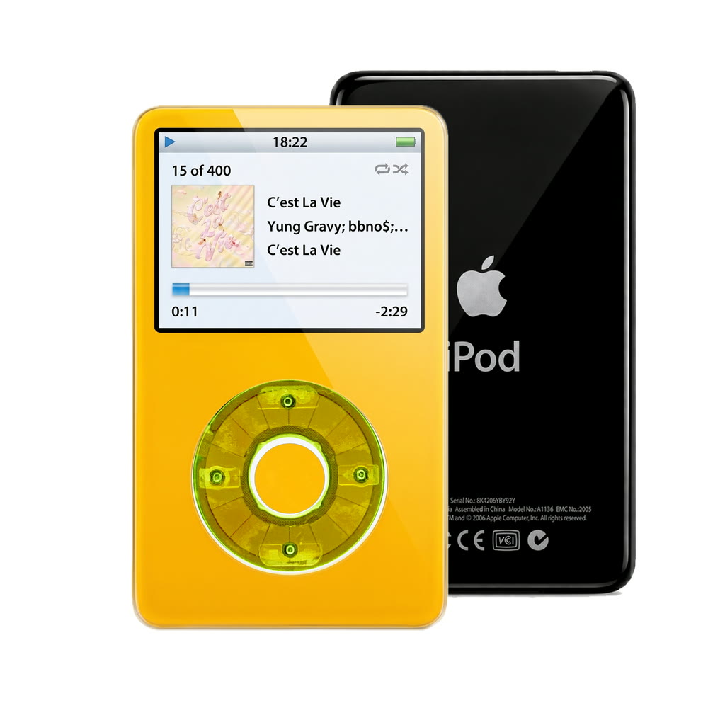 Yellow refurbished iPod Video 5.5 Gen with Clear Green click wheel and Black back plate