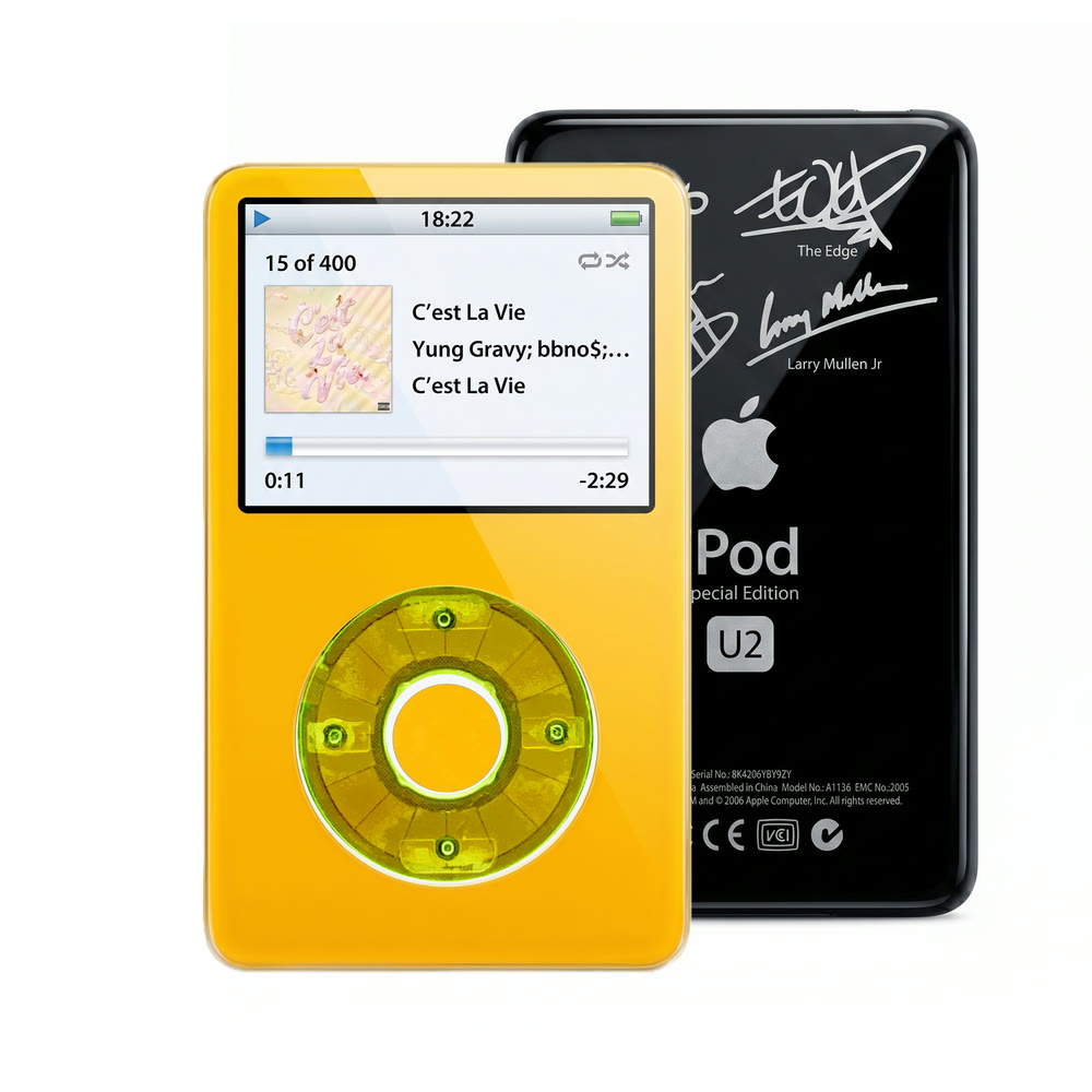Yellow refurbished iPod Video 5.5 Gen with Clear Green click wheel and Black U2 back plate