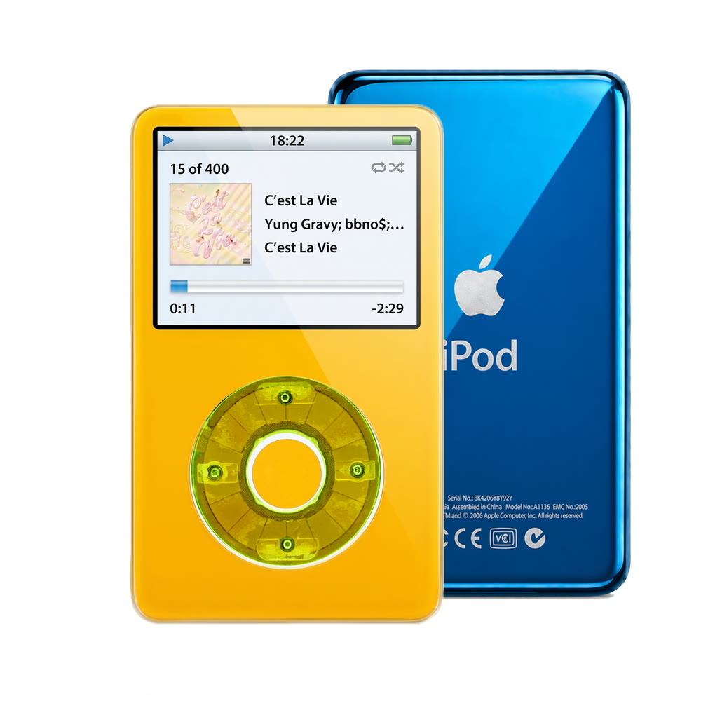 Yellow refurbished iPod Video 5.5 Gen with Clear Green click wheel and Blue back plate