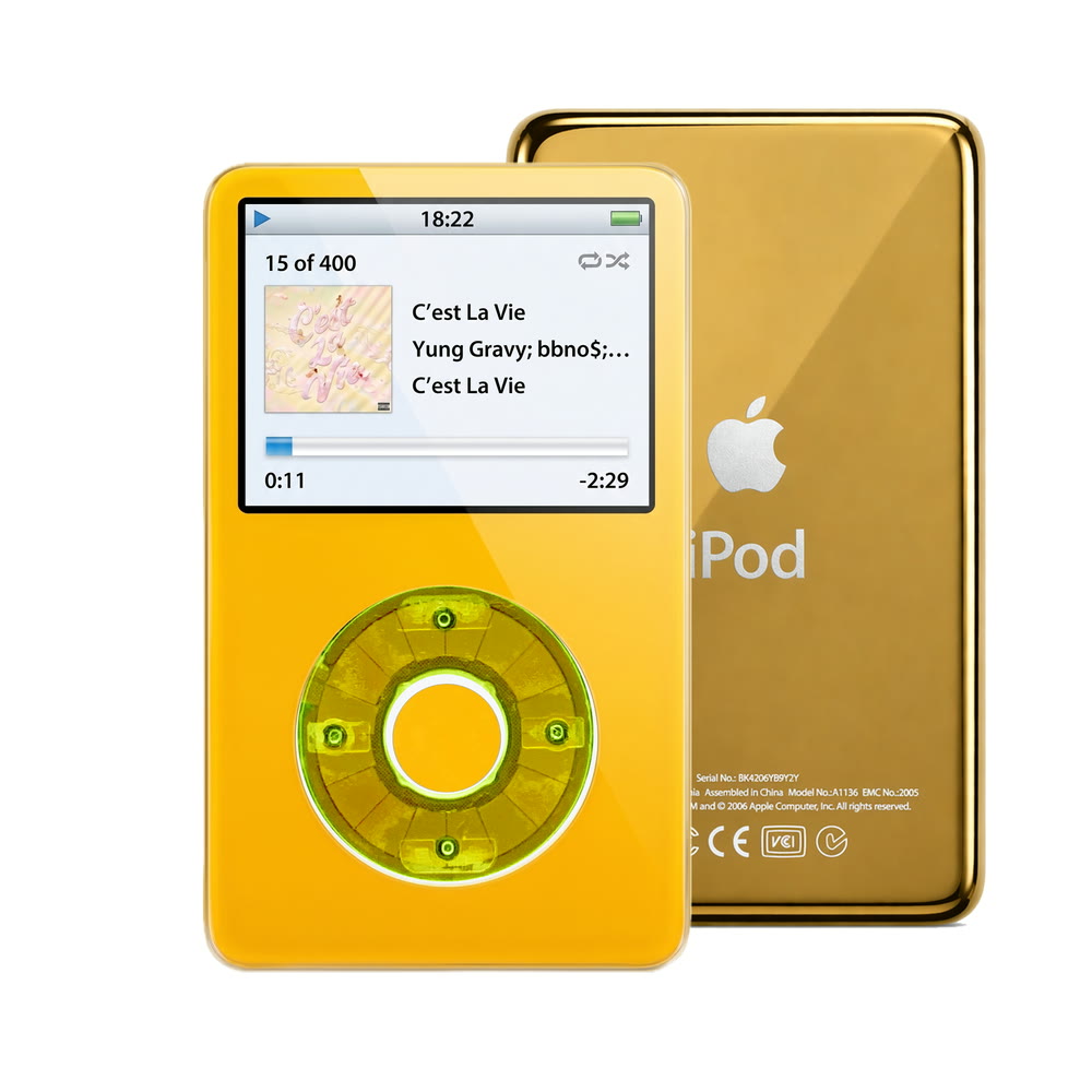 Yellow refurbished iPod Video 5.5 Gen with Clear Green click wheel and Gold back plate