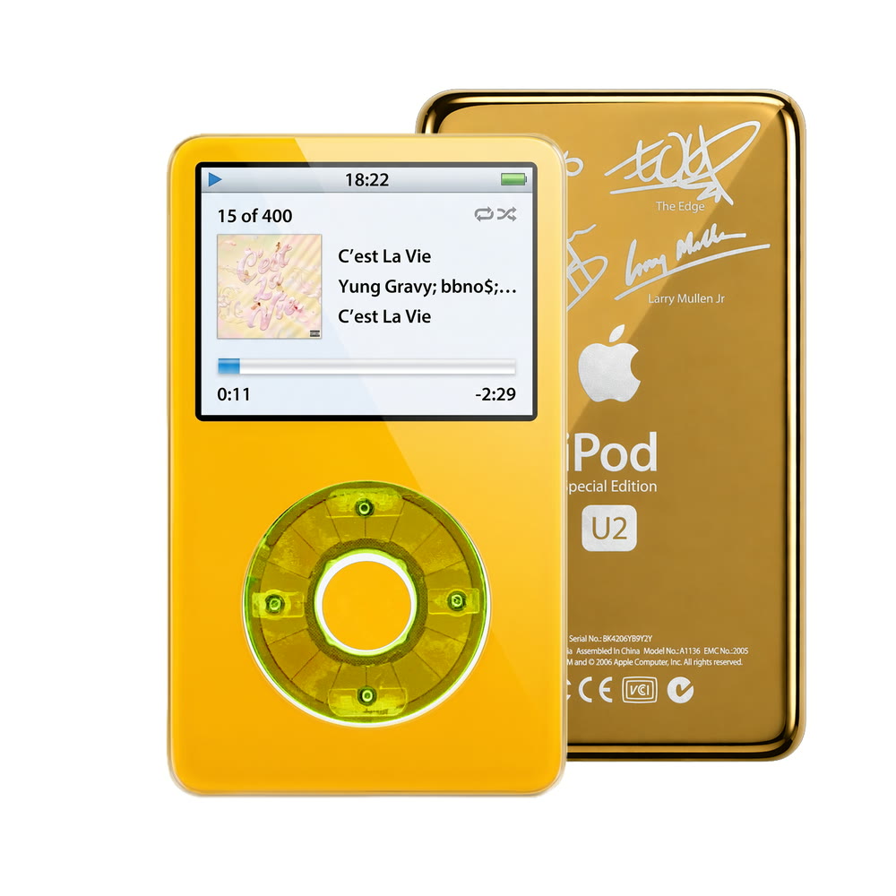 Yellow refurbished iPod Video 5.5 Gen with Clear Green click wheel and Gold U2 back plate