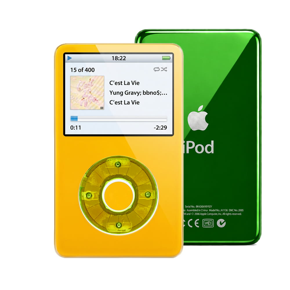 Yellow refurbished iPod Video 5.5 Gen with Clear Green click wheel and Green back plate