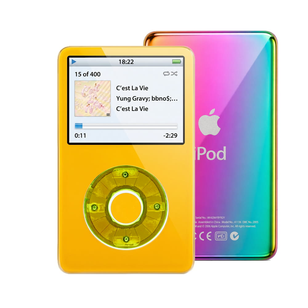 Yellow refurbished iPod Video 5.5 Gen with Clear Green click wheel and Rainbow back plate