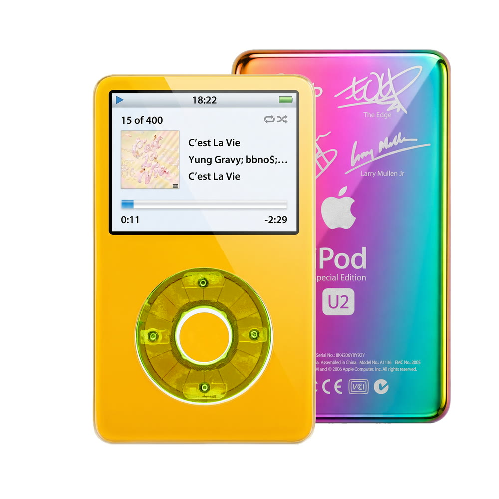 Yellow refurbished iPod Video 5.5 Gen with Clear Green click wheel and Rainbow U2 back plate