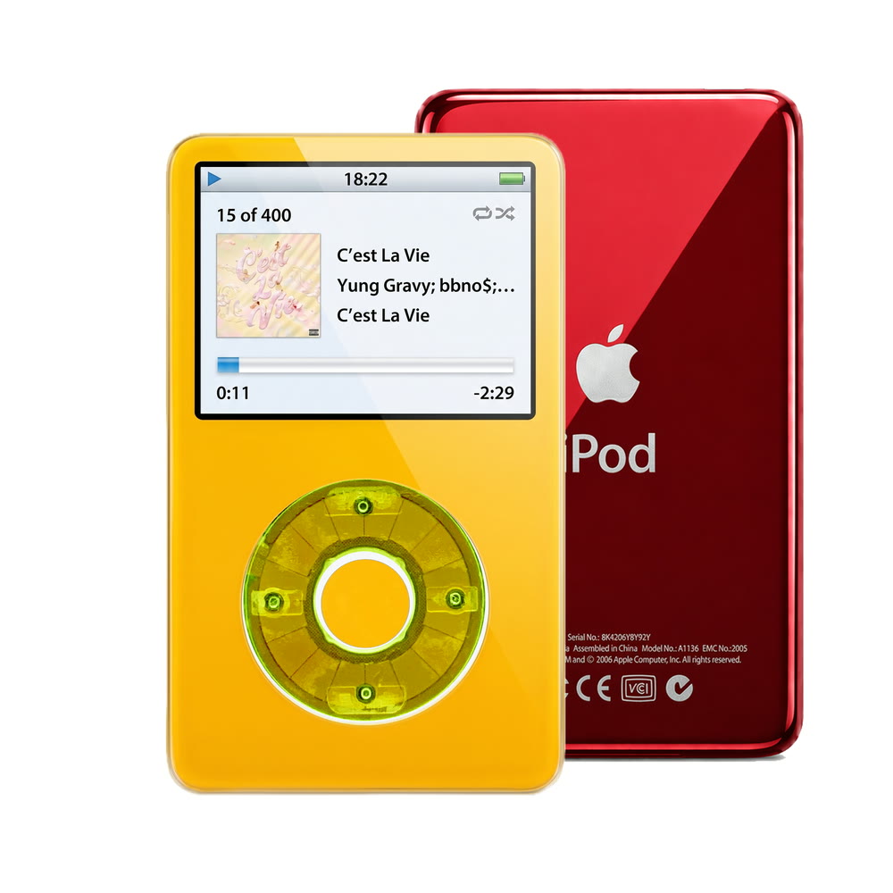 Yellow refurbished iPod Video 5.5 Gen with Clear Green click wheel and Red back plate