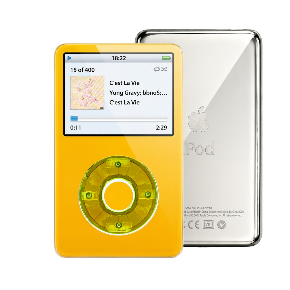 Yellow refurbished iPod Video 5.5 Gen with Clear Green click wheel and Silver back plate