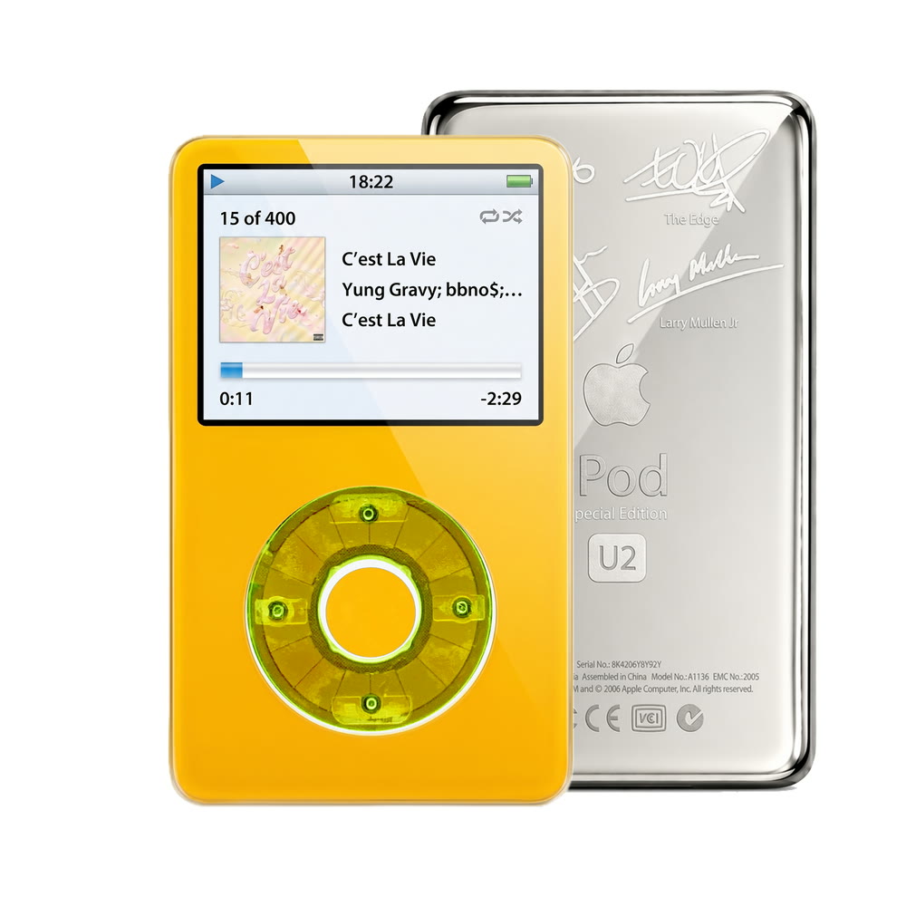 Yellow refurbished iPod Video 5.5 Gen with Clear Green click wheel and Silver U2 back plate