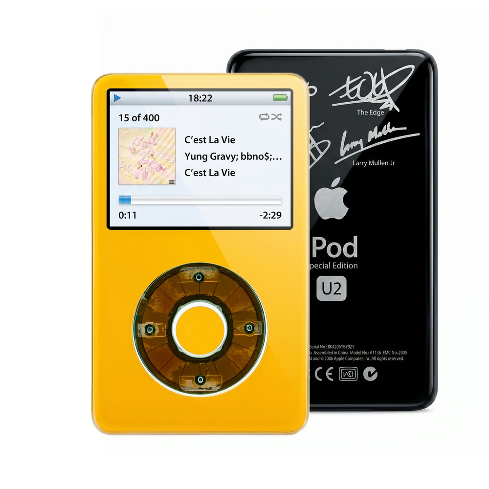 Yellow refurbished iPod Video 5.5 Gen with Clear Gray click wheel and Black U2 back plate