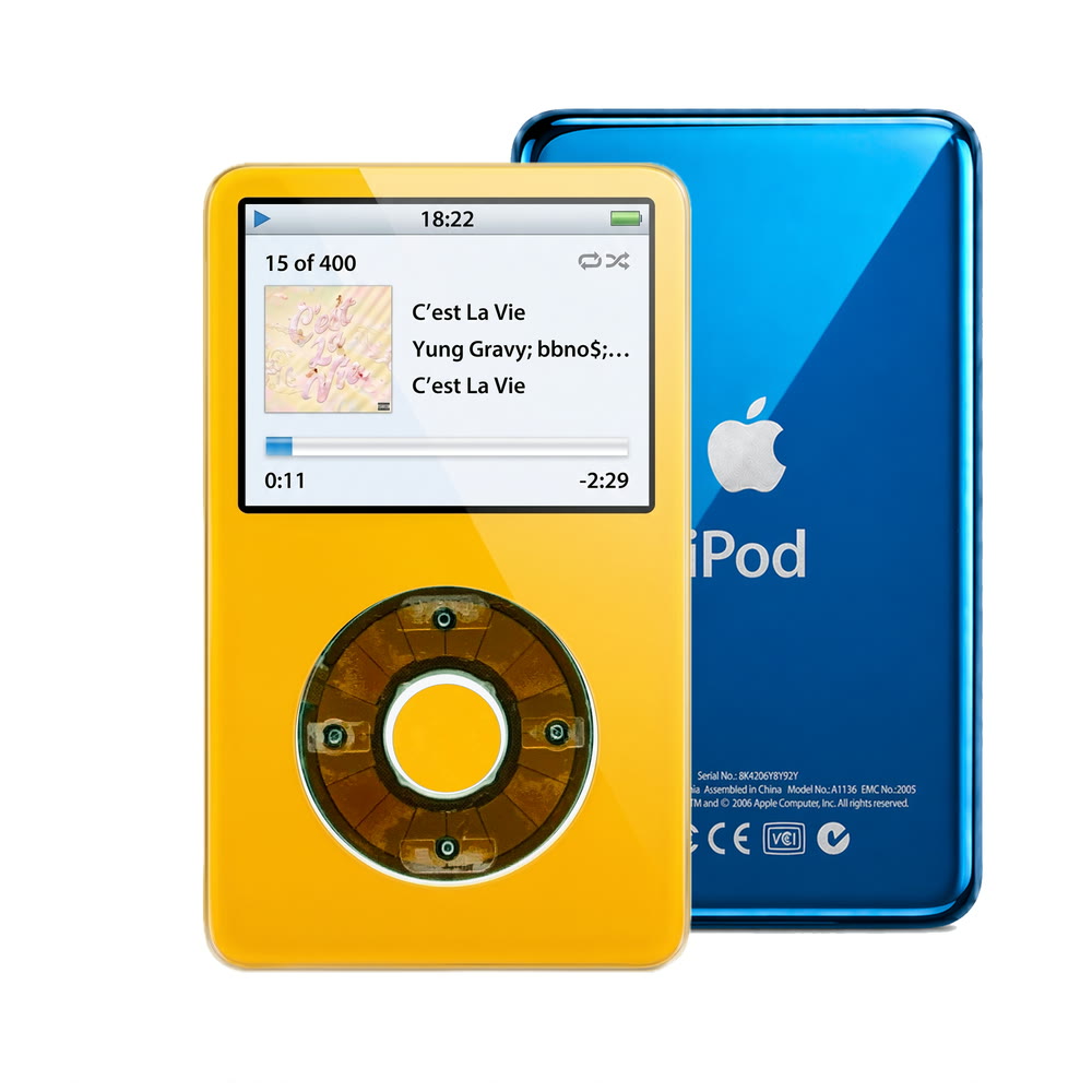 Yellow refurbished iPod Video 5.5 Gen with Clear Gray click wheel and Blue back plate
