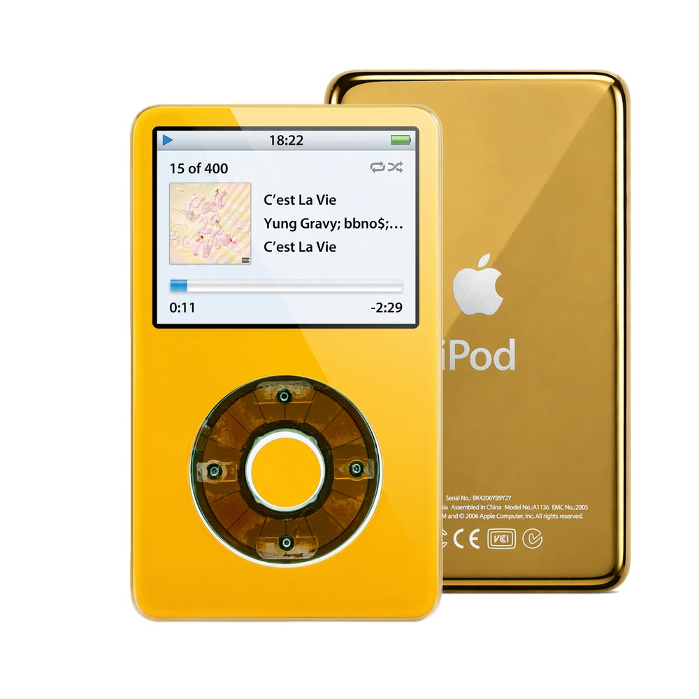Yellow refurbished iPod Video 5.5 Gen with Clear Gray click wheel and Gold back plate