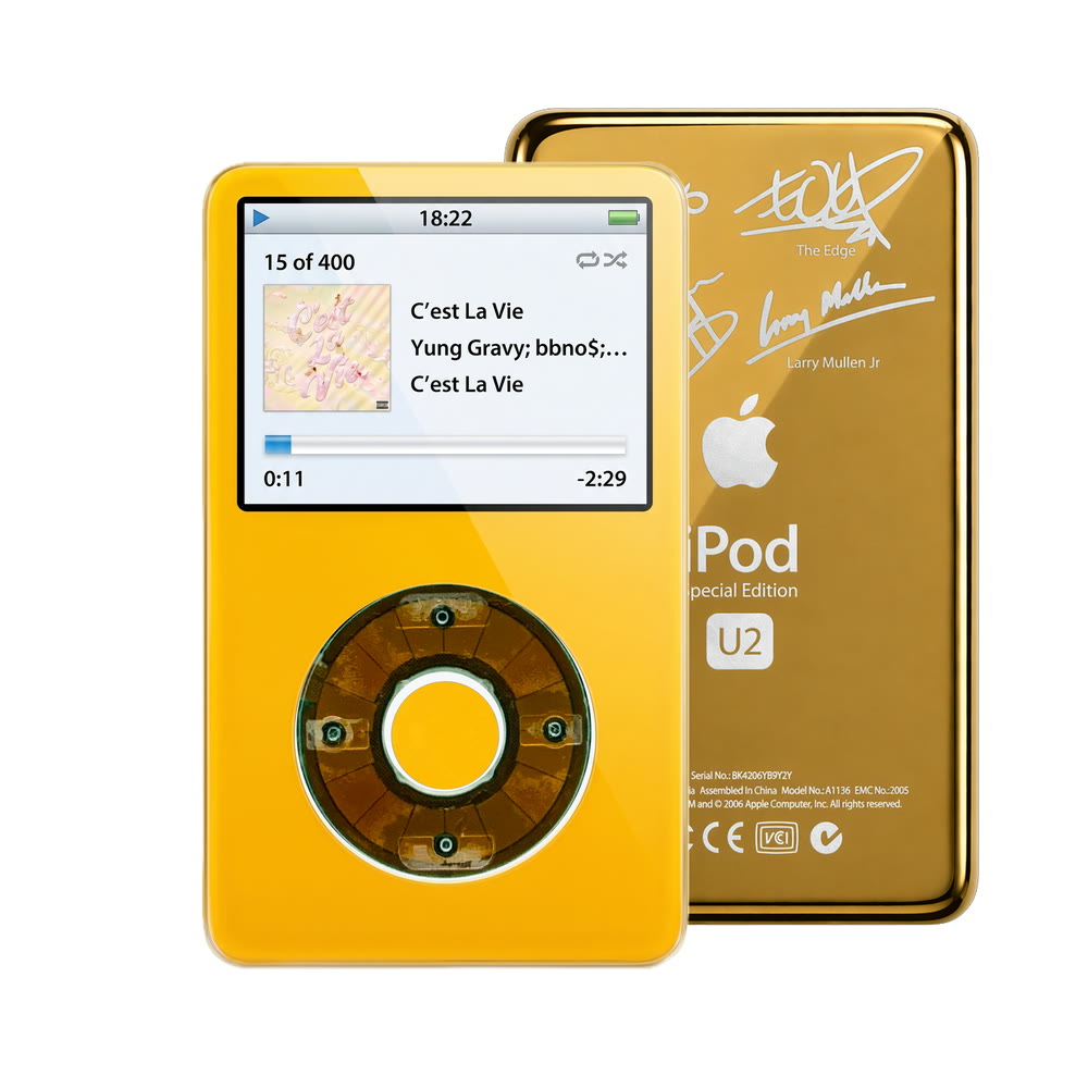 Yellow refurbished iPod Video 5.5 Gen with Clear Gray click wheel and Gold U2 back plate