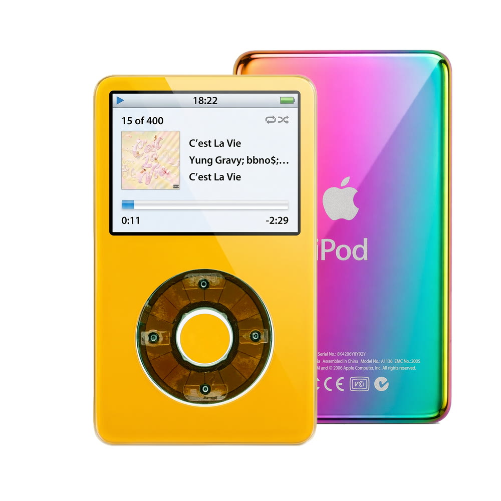 Yellow refurbished iPod Video 5.5 Gen with Clear Gray click wheel and Rainbow back plate