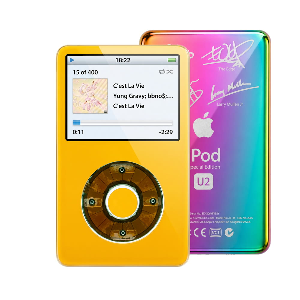 Yellow refurbished iPod Video 5.5 Gen with Clear Gray click wheel and Rainbow U2 back plate