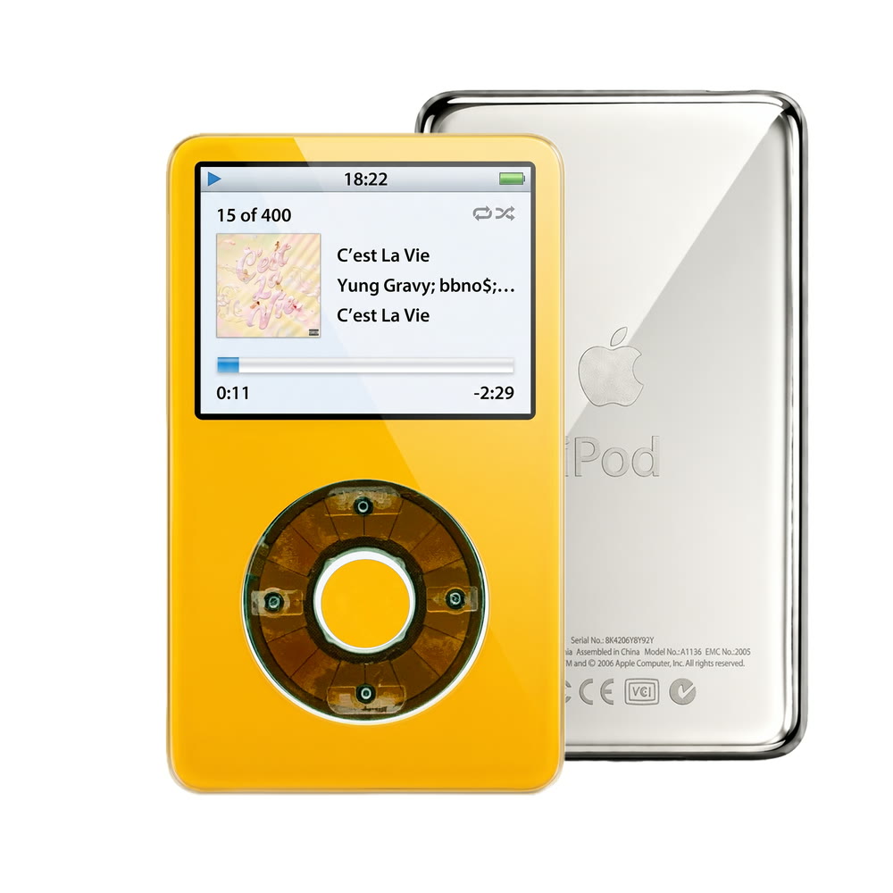 Yellow refurbished iPod Video 5.5 Gen with Clear Gray click wheel and Silver back plate