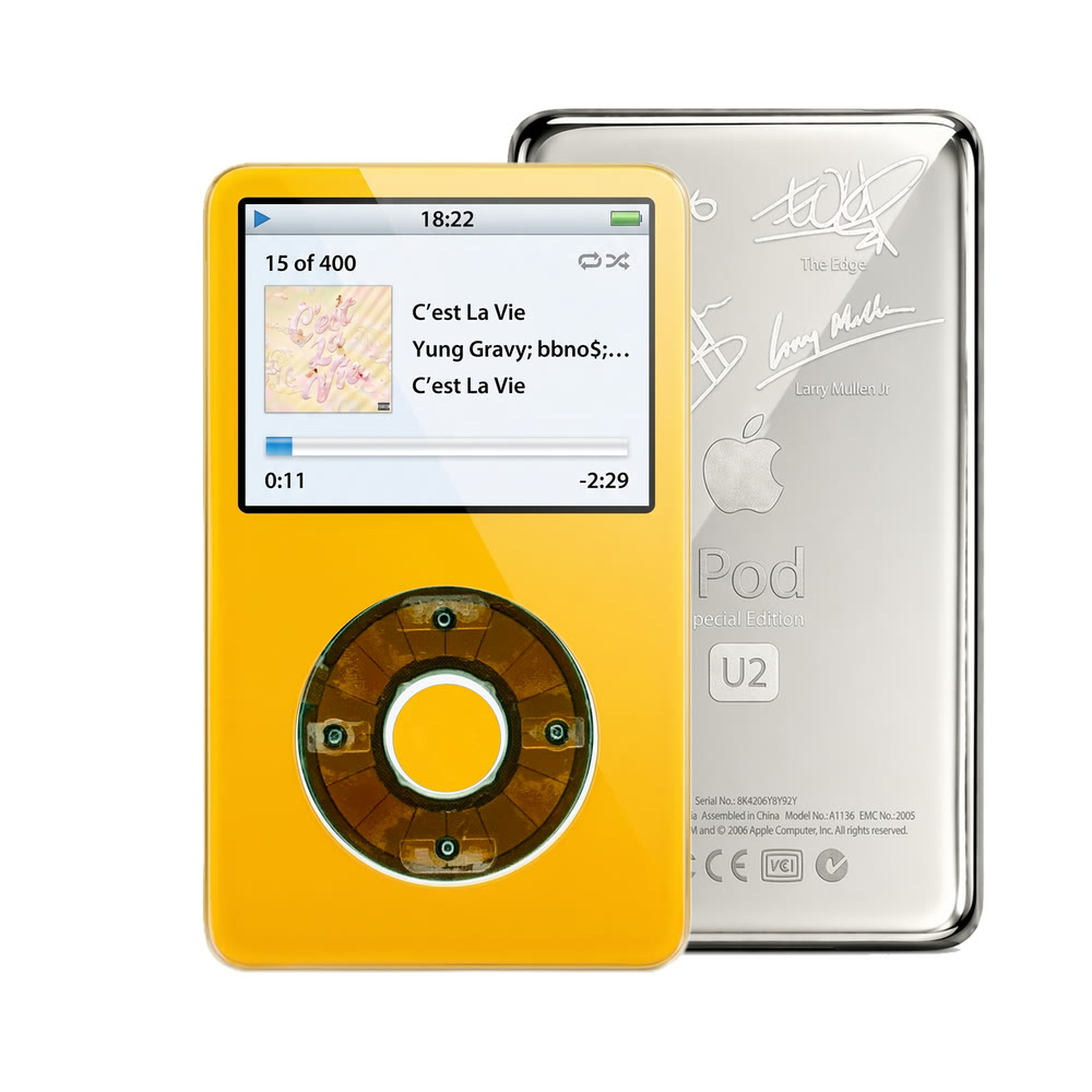 Yellow refurbished iPod Video 5.5 Gen with Clear Gray click wheel and Silver U2 back plate