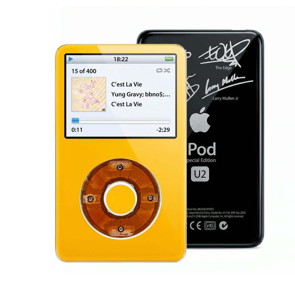 Yellow refurbished iPod Video 5.5 Gen with Clear click wheel and Black U2 back plate