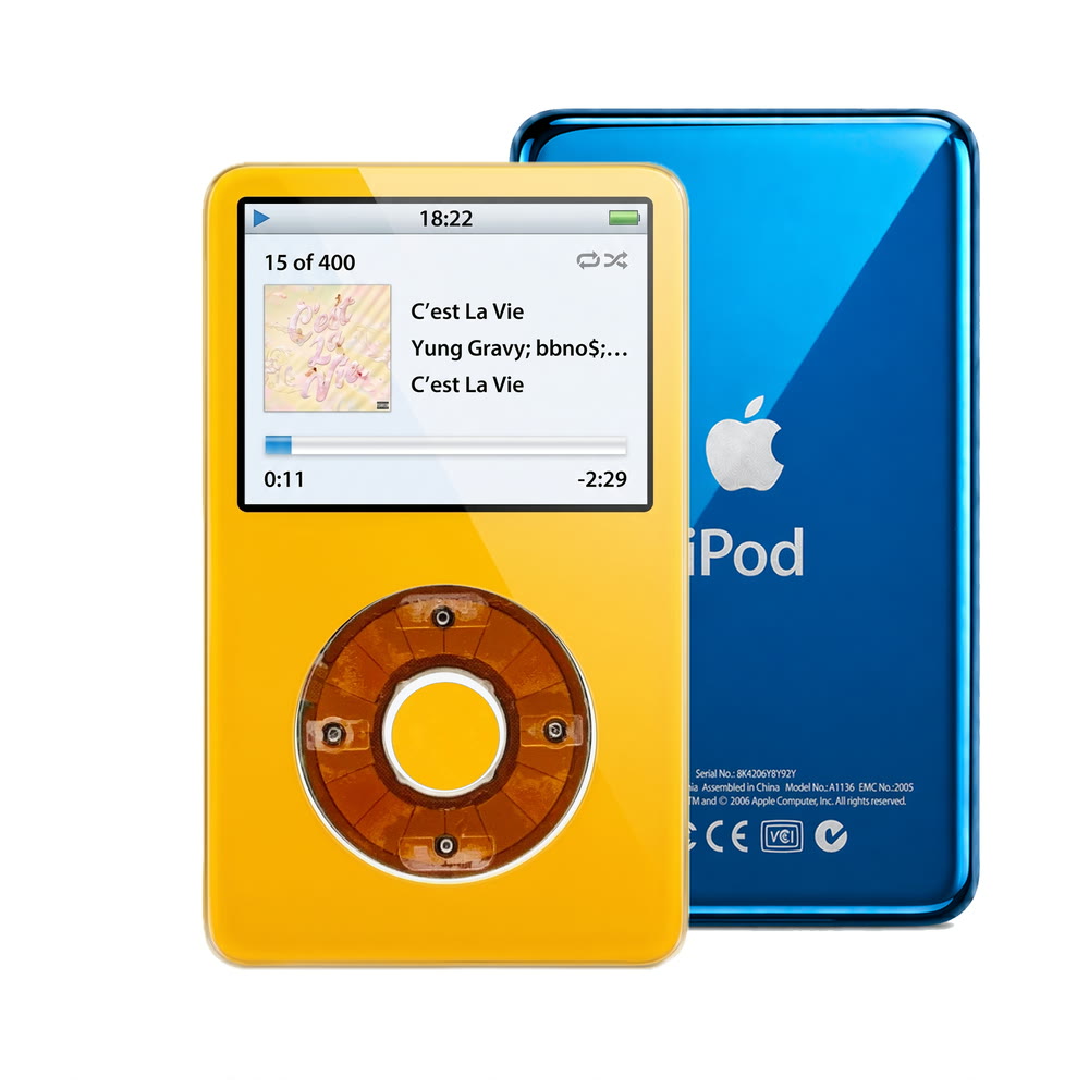 Yellow refurbished iPod Video 5.5 Gen with Clear click wheel and Blue back plate