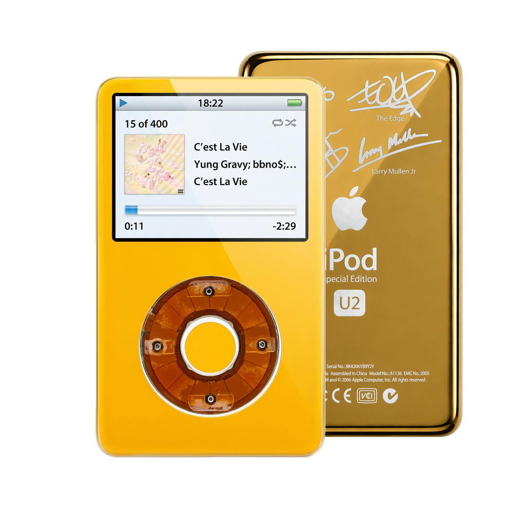 Yellow refurbished iPod Video 5.5 Gen with Clear click wheel and Gold U2 back plate