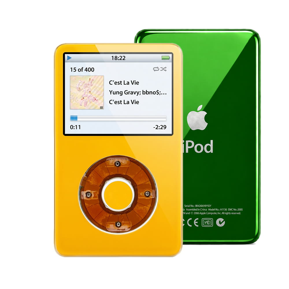 Yellow refurbished iPod Video 5.5 Gen with Clear click wheel and Green back plate