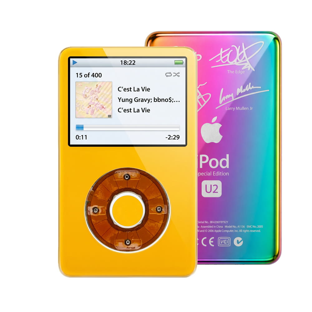 Yellow refurbished iPod Video 5.5 Gen with Clear click wheel and Rainbow U2 back plate