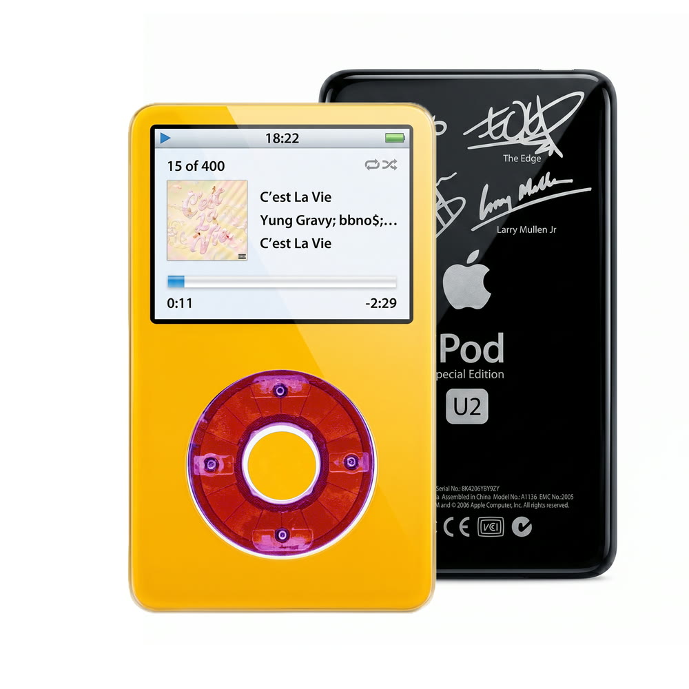 Yellow refurbished iPod Video 5.5 Gen with Clear Purple click wheel and Black U2 back plate