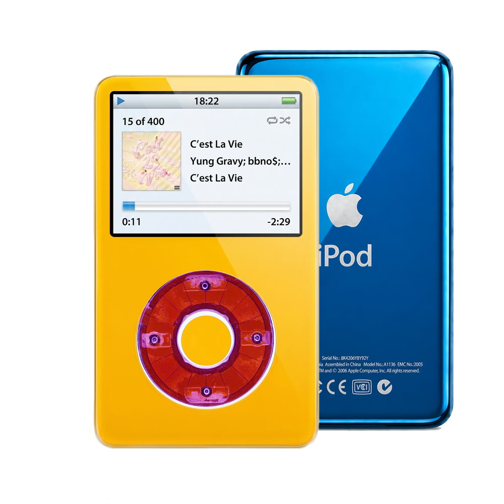 Yellow refurbished iPod Video 5.5 Gen with Clear Purple click wheel and Blue back plate
