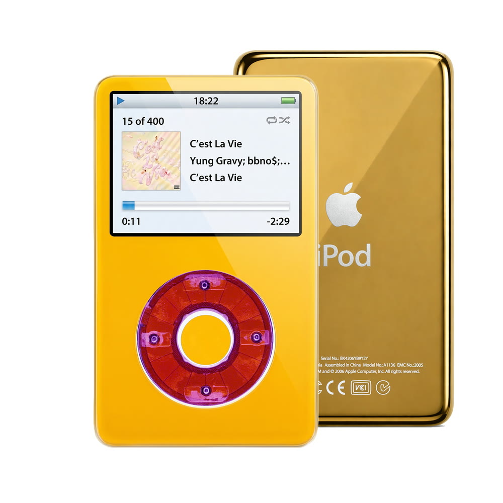 Yellow refurbished iPod Video 5.5 Gen with Clear Purple click wheel and Gold back plate