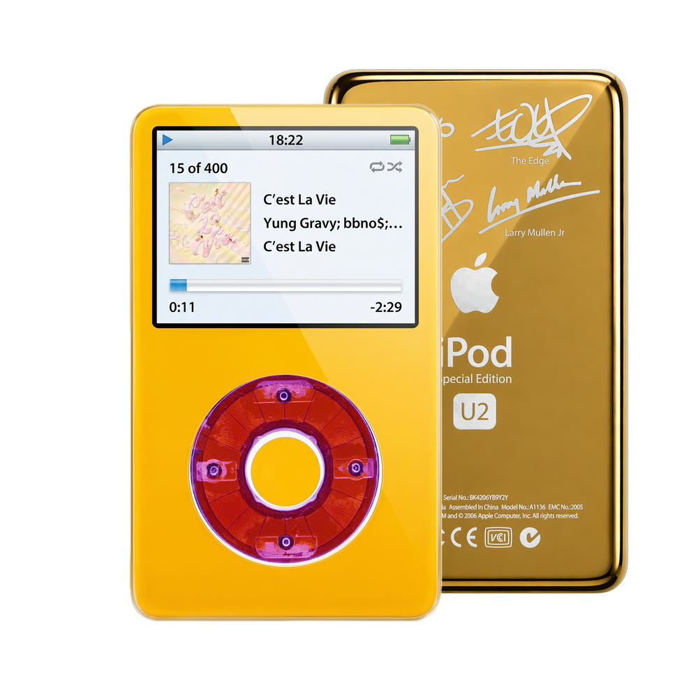 Yellow refurbished iPod Video 5.5 Gen with Clear Purple click wheel and Gold U2 back plate