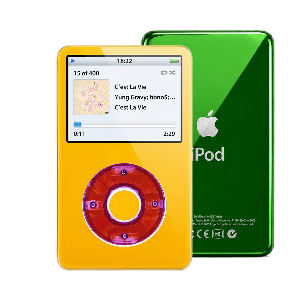 Yellow refurbished iPod Video 5.5 Gen with Clear Purple click wheel and Green back plate