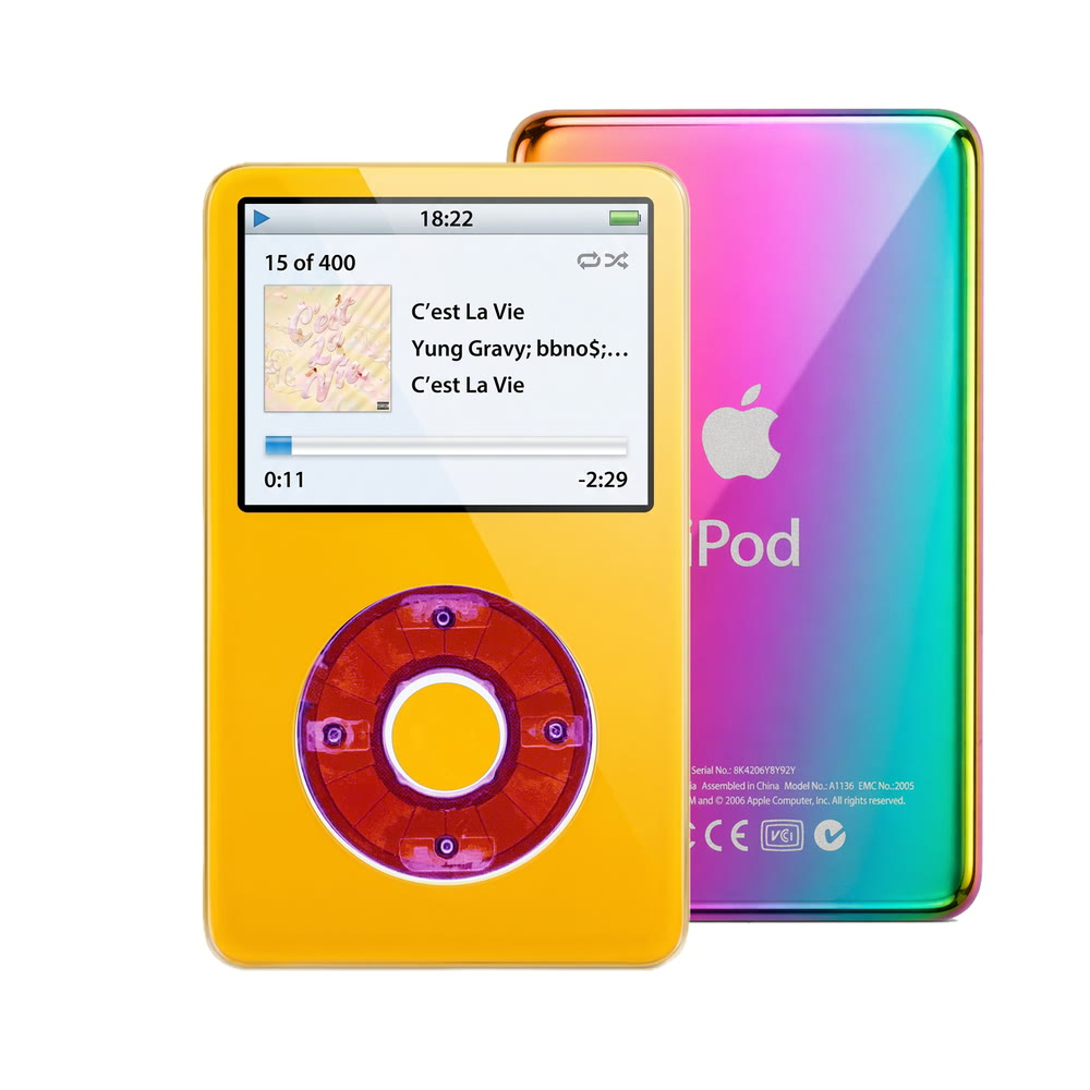 Yellow refurbished iPod Video 5.5 Gen with Clear Purple click wheel and Rainbow back plate