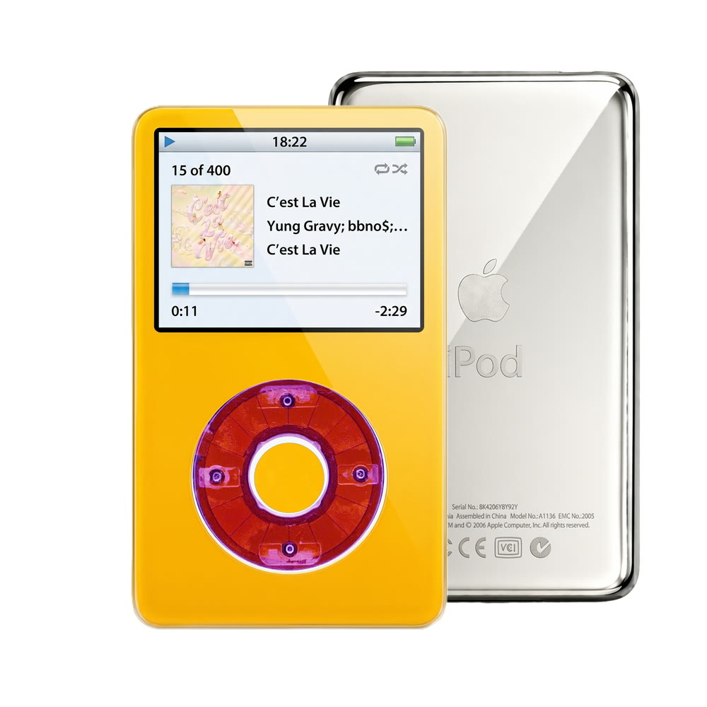 Yellow refurbished iPod Video 5.5 Gen with Clear Purple click wheel and Silver back plate