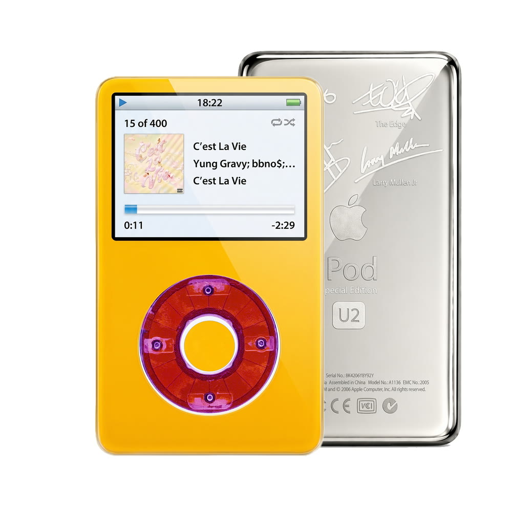 Yellow refurbished iPod Video 5.5 Gen with Clear Purple click wheel and Silver U2 back plate
