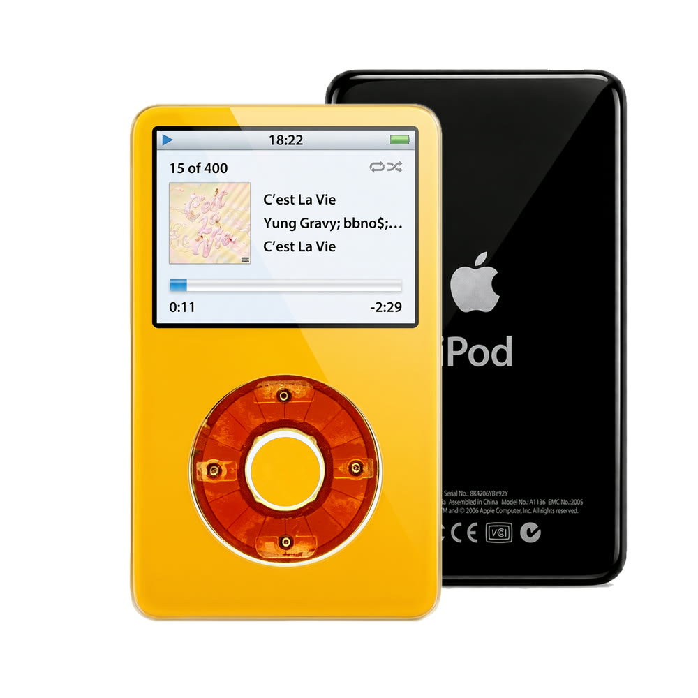 Yellow refurbished iPod Video 5.5 Gen with Clear Red click wheel and Black back plate