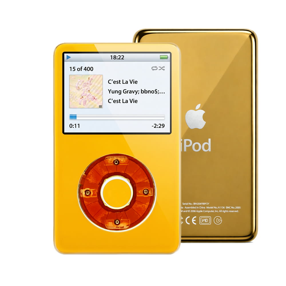 Yellow refurbished iPod Video 5.5 Gen with Clear Red click wheel and Gold back plate