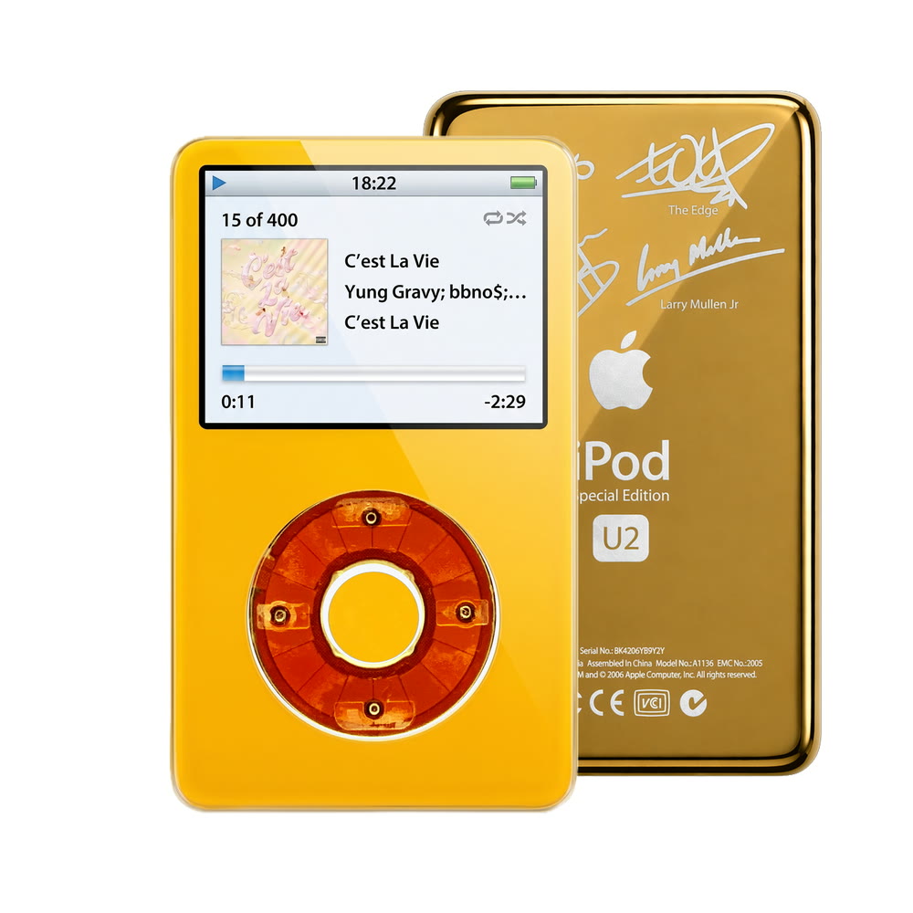Yellow refurbished iPod Video 5.5 Gen with Clear Red click wheel and Gold U2 back plate