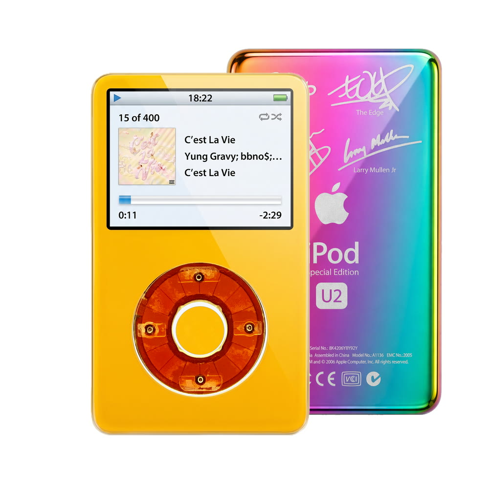 Yellow refurbished iPod Video 5.5 Gen with Clear Red click wheel and Rainbow U2 back plate