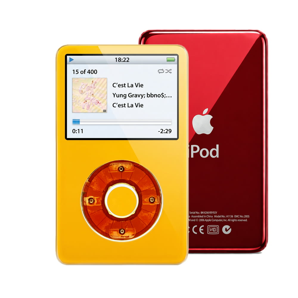 Yellow refurbished iPod Video 5.5 Gen with Clear Red click wheel and Red back plate
