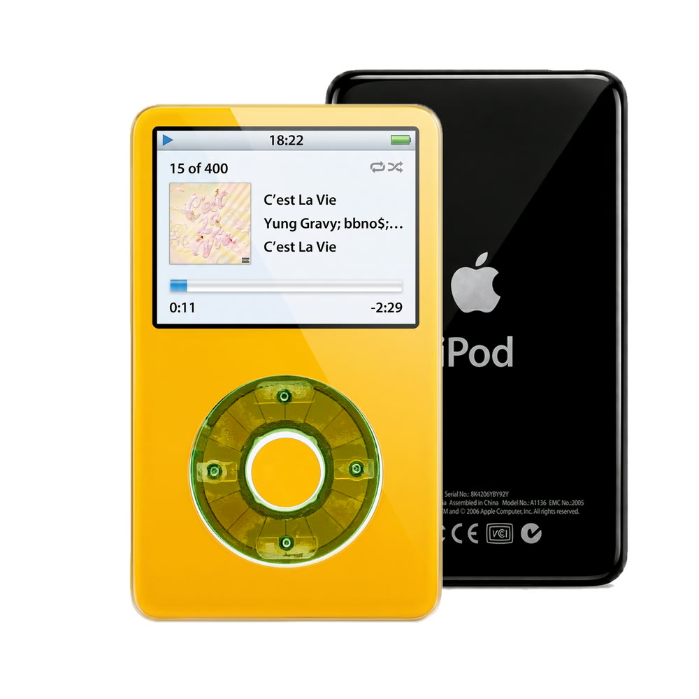Yellow refurbished iPod Video 5.5 Gen with Clear Silver Green click wheel and Black back plate