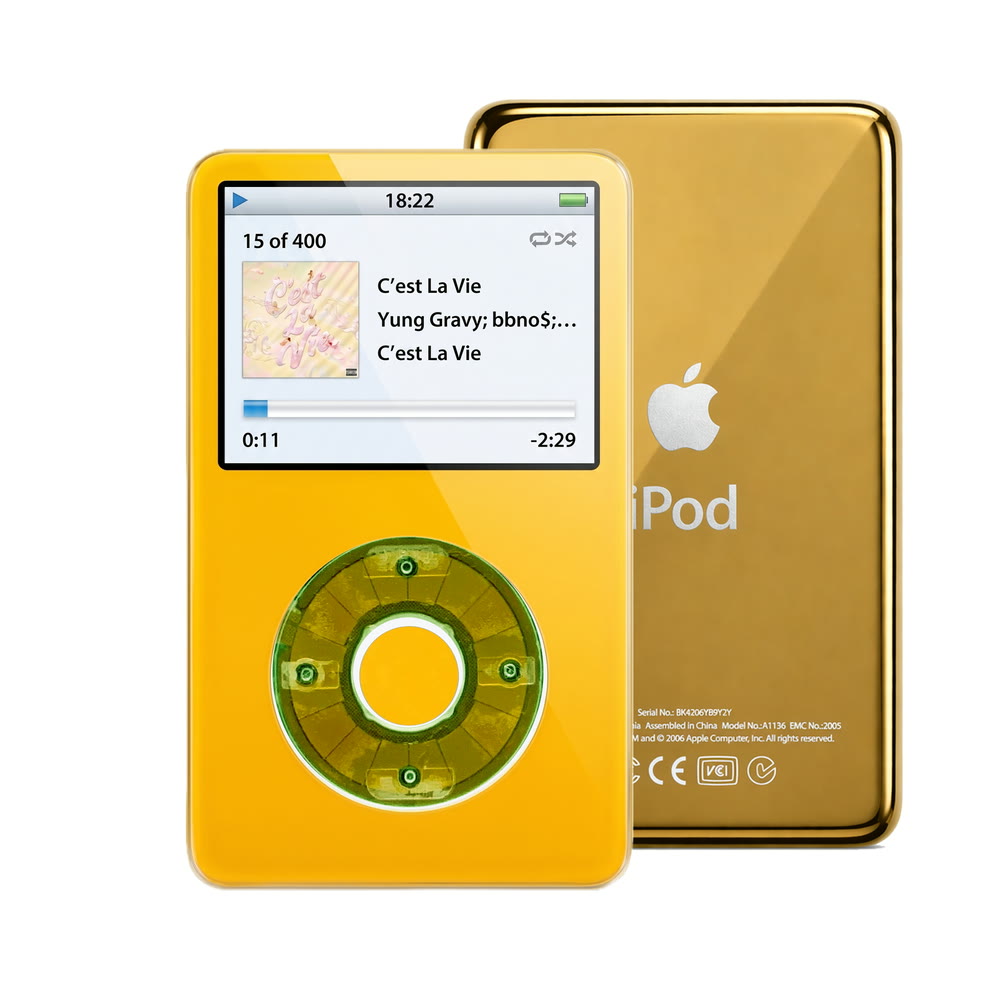 Yellow refurbished iPod Video 5.5 Gen with Clear Silver Green click wheel and Gold back plate