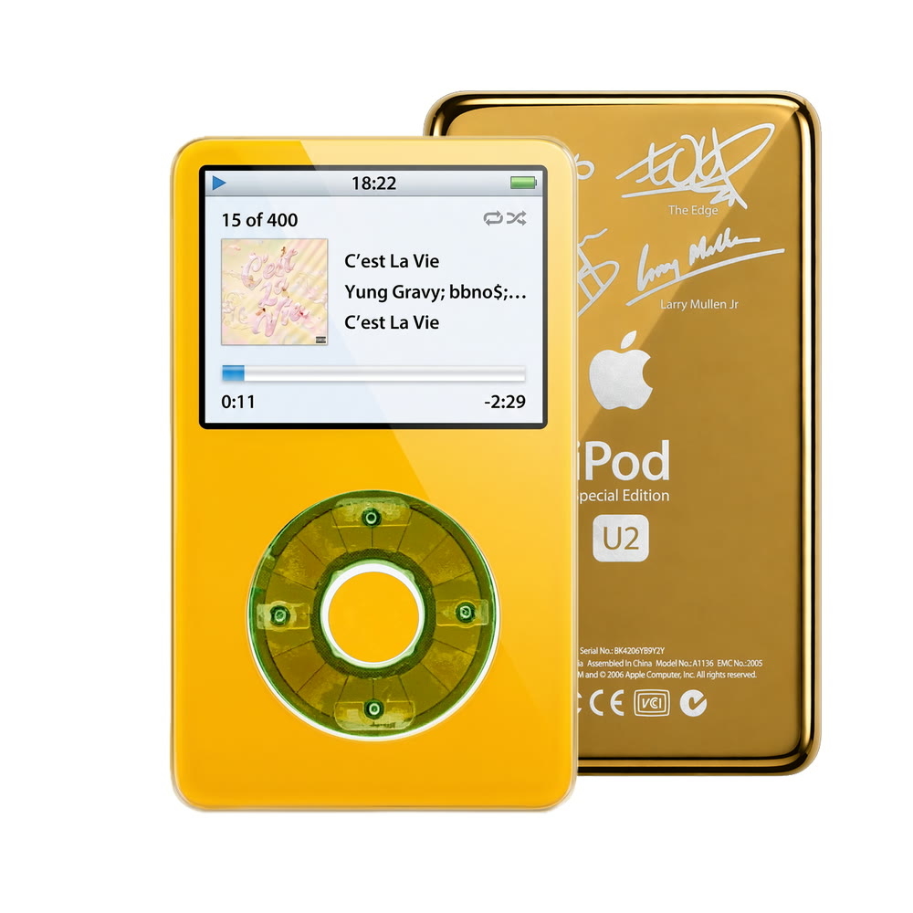 Yellow refurbished iPod Video 5.5 Gen with Clear Silver Green click wheel and Gold U2 back plate