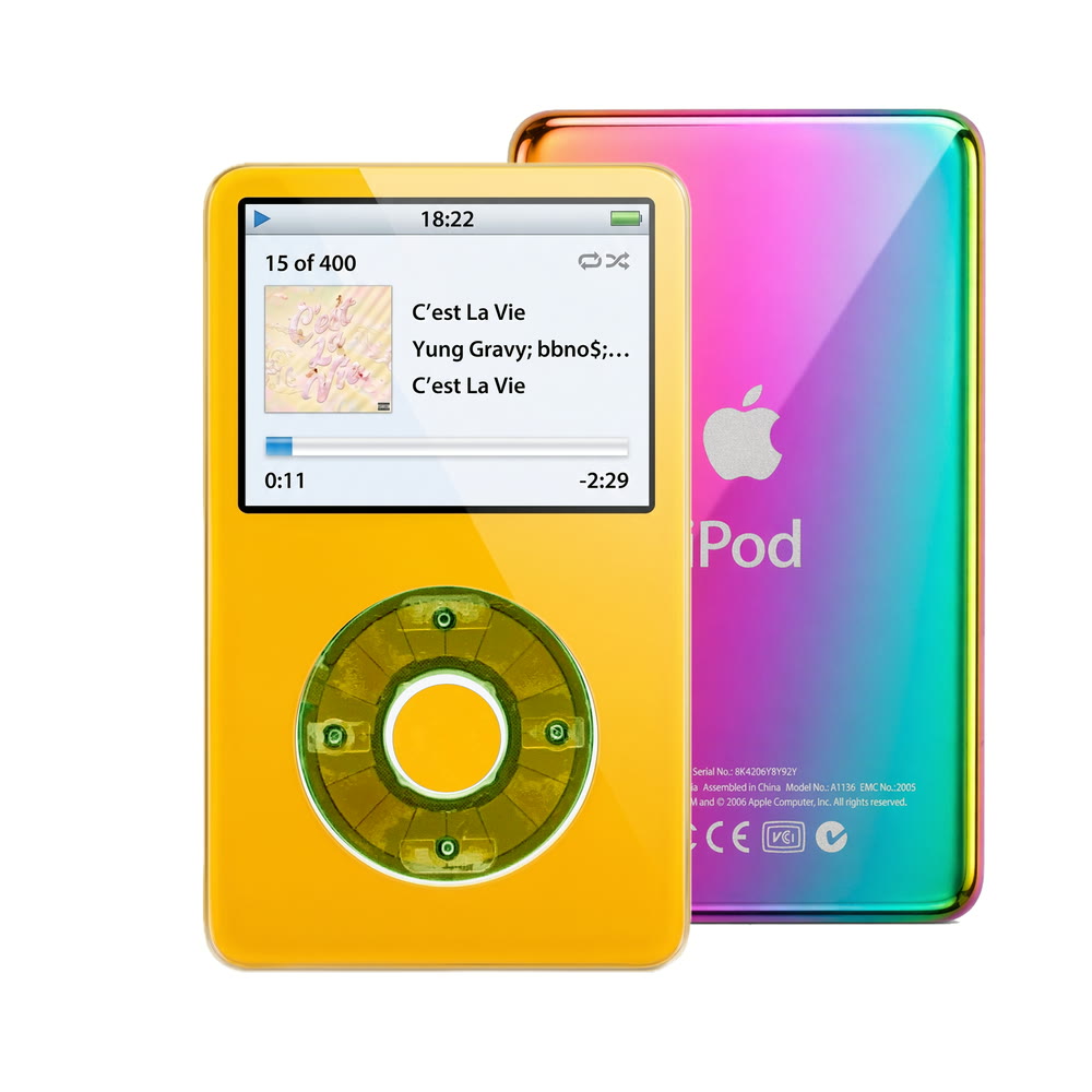 Yellow refurbished iPod Video 5.5 Gen with Clear Silver Green click wheel and Rainbow back plate