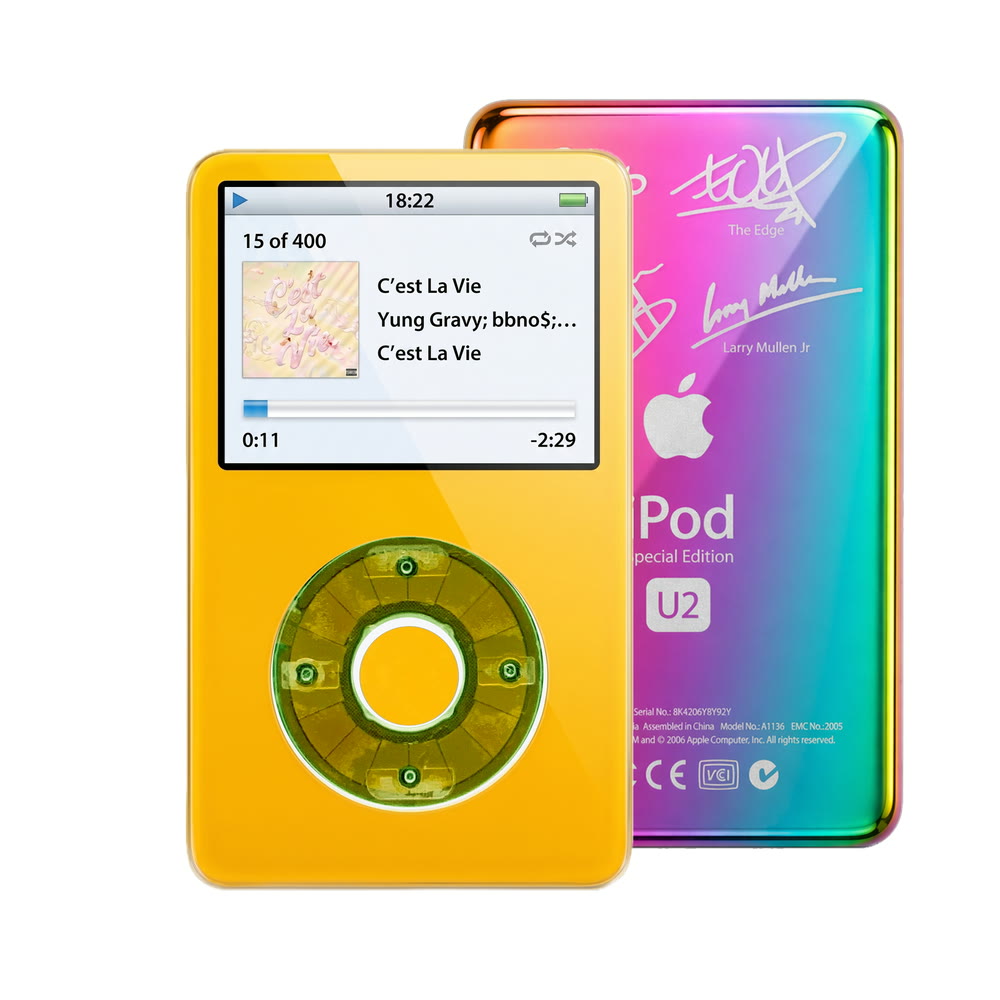 Yellow refurbished iPod Video 5.5 Gen with Clear Silver Green click wheel and Rainbow U2 back plate