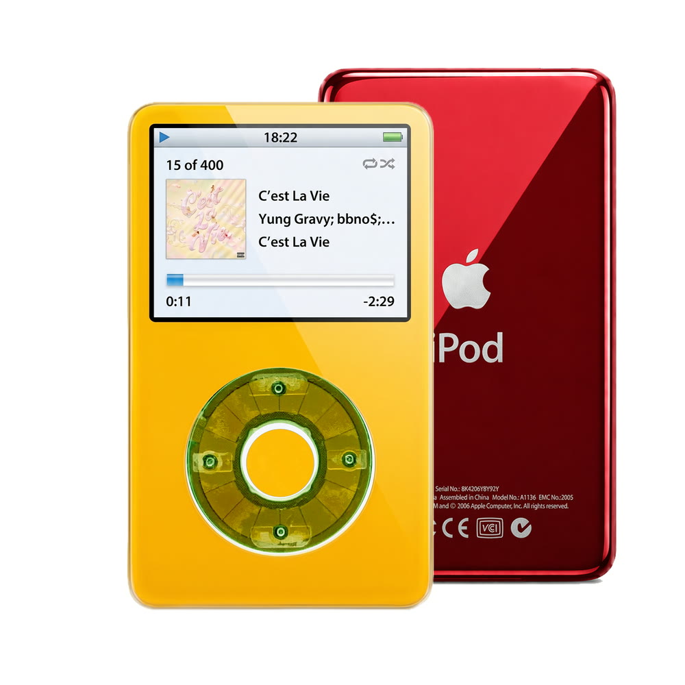 Yellow refurbished iPod Video 5.5 Gen with Clear Silver Green click wheel and Red back plate