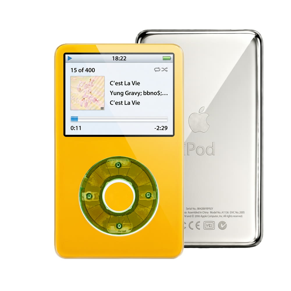 Yellow refurbished iPod Video 5.5 Gen with Clear Silver Green click wheel and Silver back plate