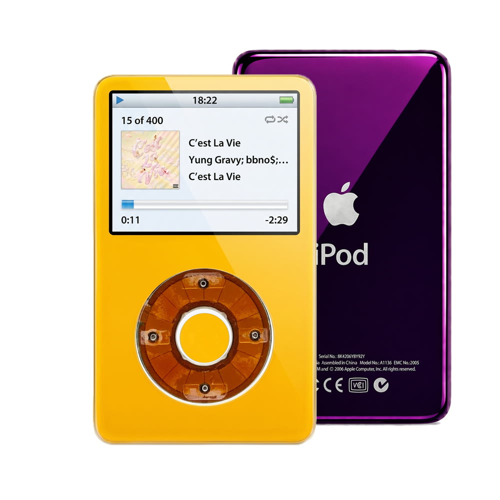 Yellow refurbished iPod Video 5.5 Gen with Clear Yellow click wheel and Purple back plate