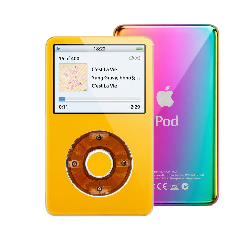Yellow refurbished iPod Video 5.5 Gen with Clear Yellow click wheel and Rainbow back plate