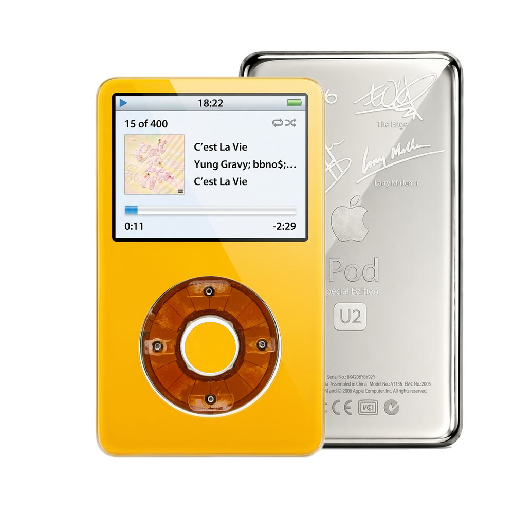 Yellow refurbished iPod Video 5.5 Gen with Clear Yellow click wheel and Silver U2 back plate