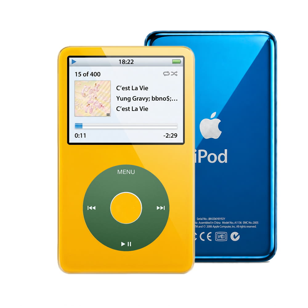 Yellow refurbished iPod Video 5.5 Gen with Green click wheel and Blue back plate